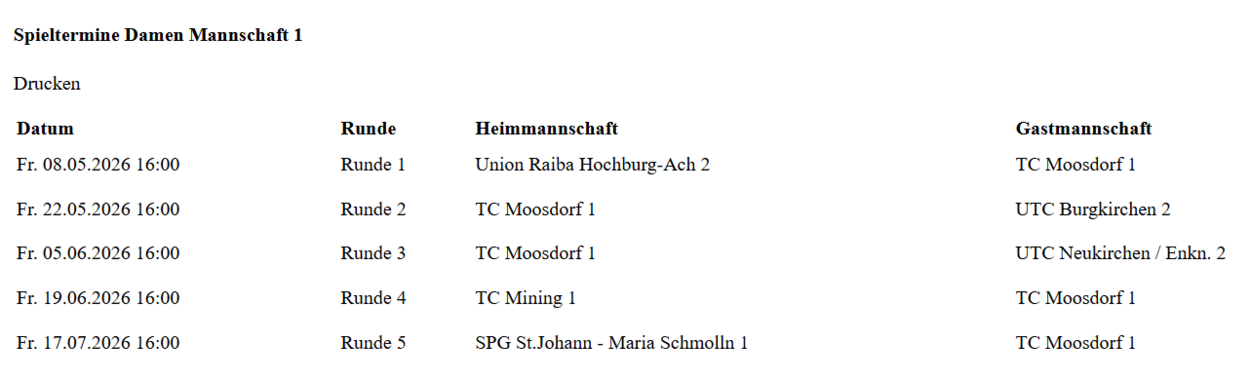 Termine Damen-Mannschaft Tennisliga Braunau 2026